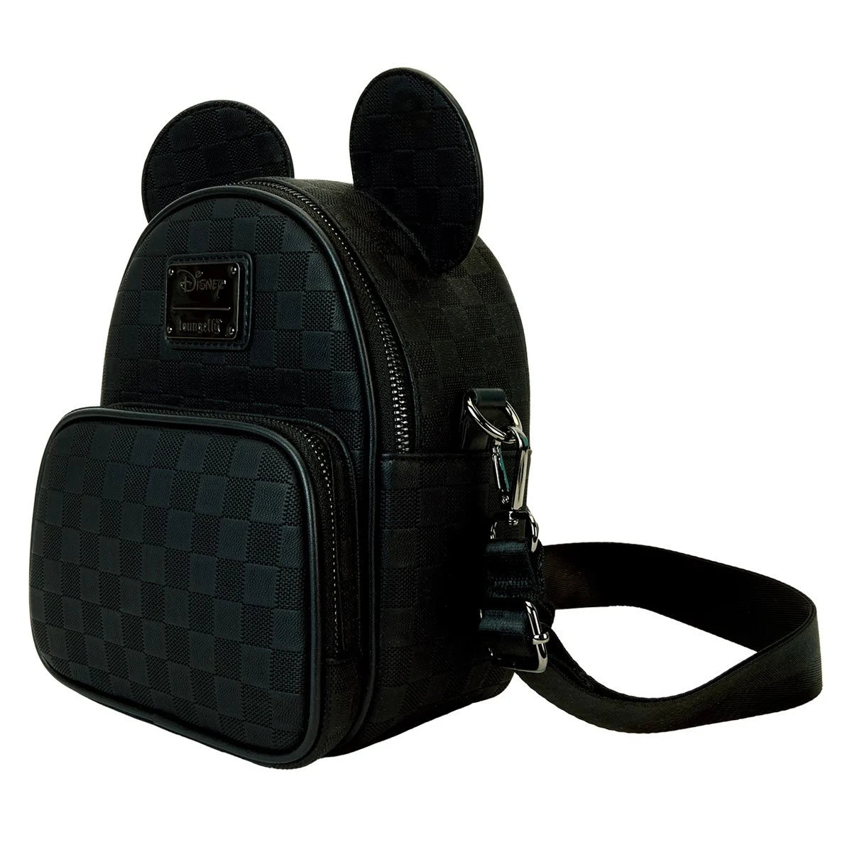 Loungefly Disney Mickey Ear checkerboard mini convertible crossbody backpack in black with front pocket and ears