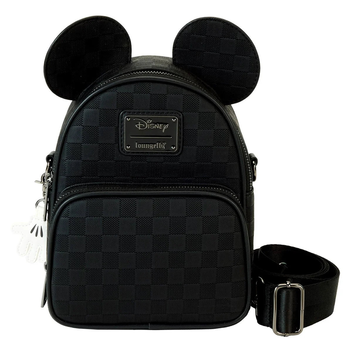 Loungefly Disney Mickey Ear mini backpack in black checkerboard pattern with front pocket and adjustable strap