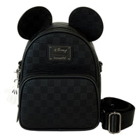 Loungefly Disney Mickey Ear mini backpack in black checkerboard pattern with front pocket and adjustable strap