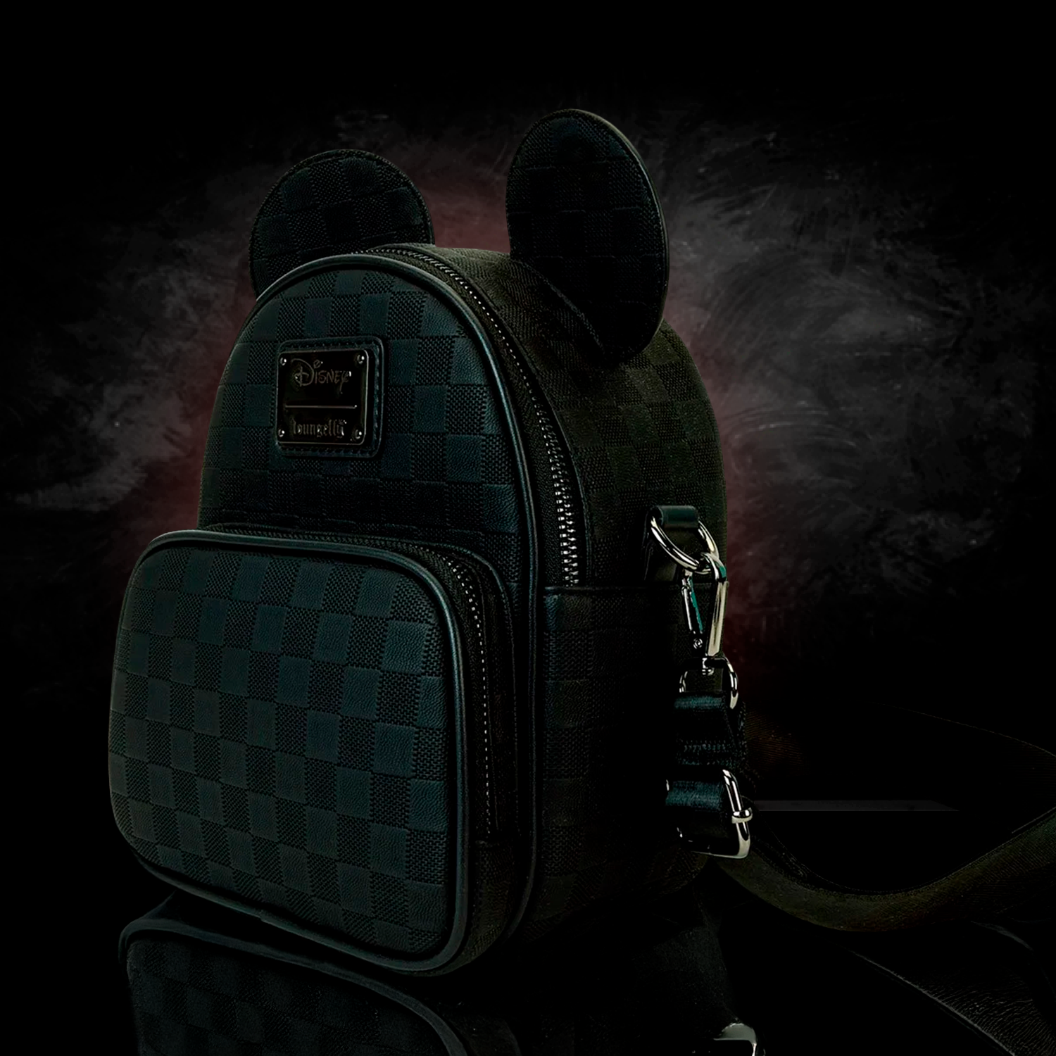 Disney Loungefly Mickey Ear checkerboard mini convertible crossbody backpack in black with zipper and front pocket