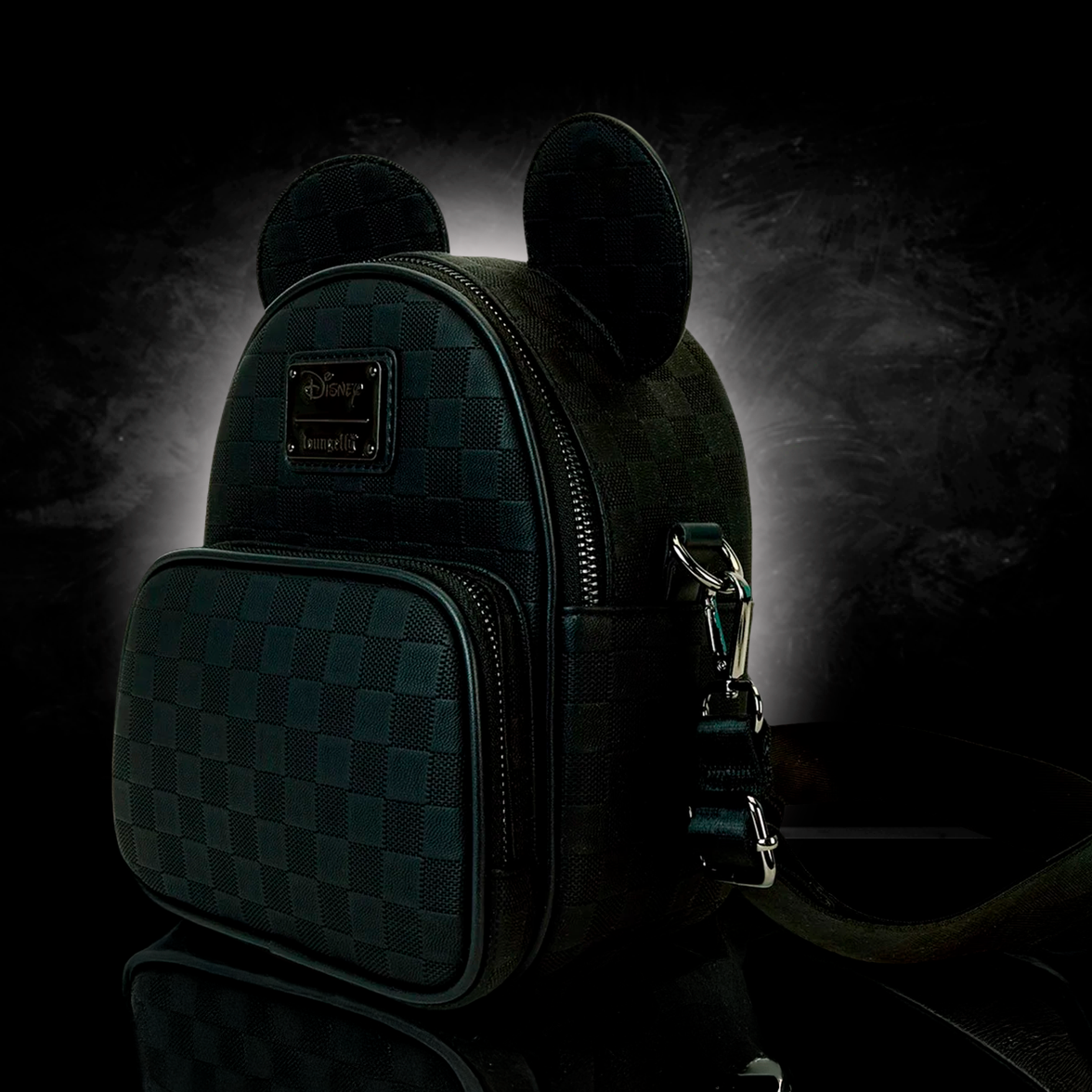 Loungefly Disney Mickey Ear mini backpack with checkerboard pattern and front zip pocket on black background