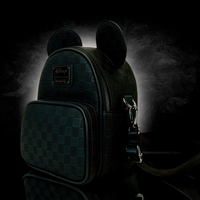 Loungefly Disney Mickey Ear mini backpack with checkerboard pattern and front zip pocket on black background