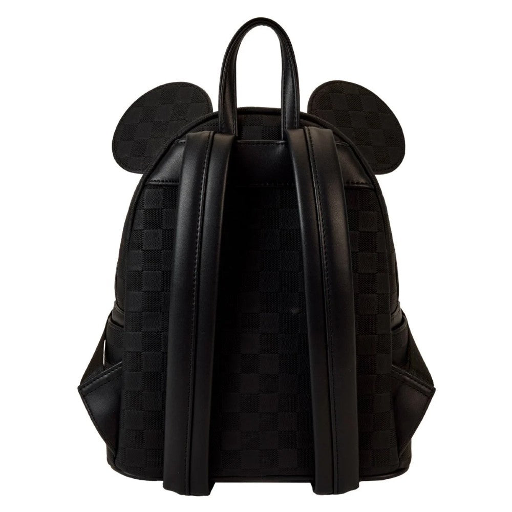 Back view of black checkerboard mini backpack with Mickey ears by Loungefly showing padded straps and side pockets