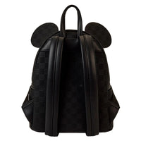 Back view of black checkerboard mini backpack with Mickey ears by Loungefly showing padded straps and side pockets