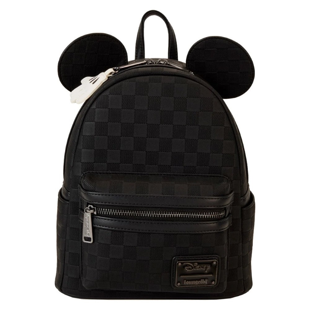 Loungefly Disney Mickey Ear mini backpack in black checkerboard pattern with front zip pocket and ears on top