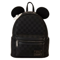 Loungefly Disney Mickey Ear mini backpack in black checkerboard pattern with front zip pocket and ears on top