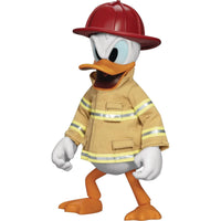 Donald Duck wearing a red firefighter helmet and tan protective turnout gear