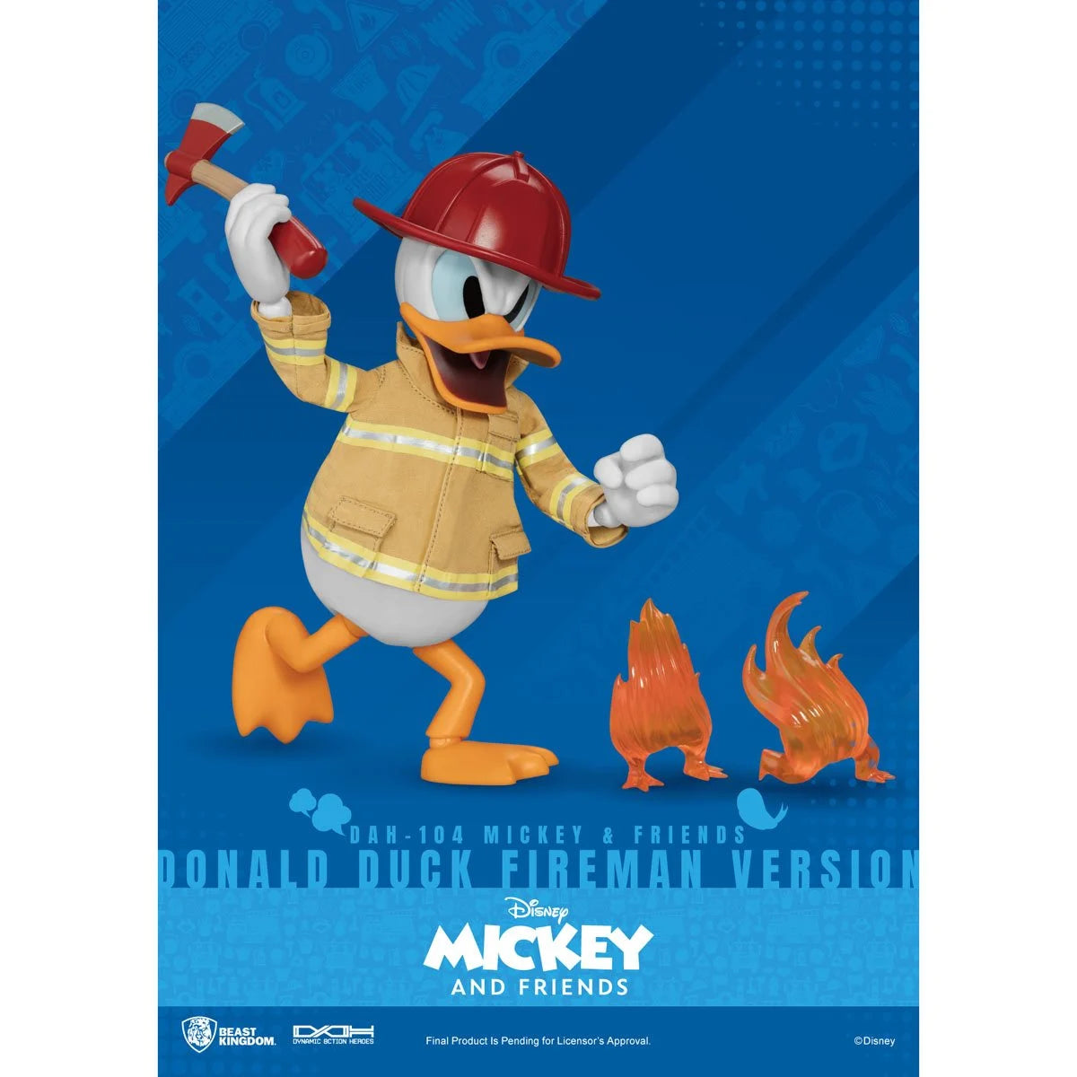 Donald Duck in firefighter gear holding an axe beside flames, with Mickey and Friends text on a blue background