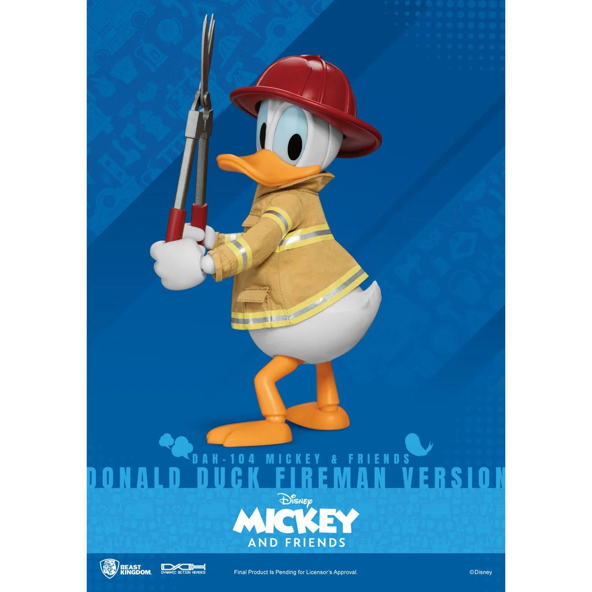 Donald Duck dressed as a firefighter holding a fire tool on a blue Mickey and Friends poster