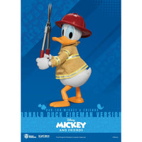 Donald Duck dressed as a firefighter holding a fire tool on a blue Mickey and Friends poster