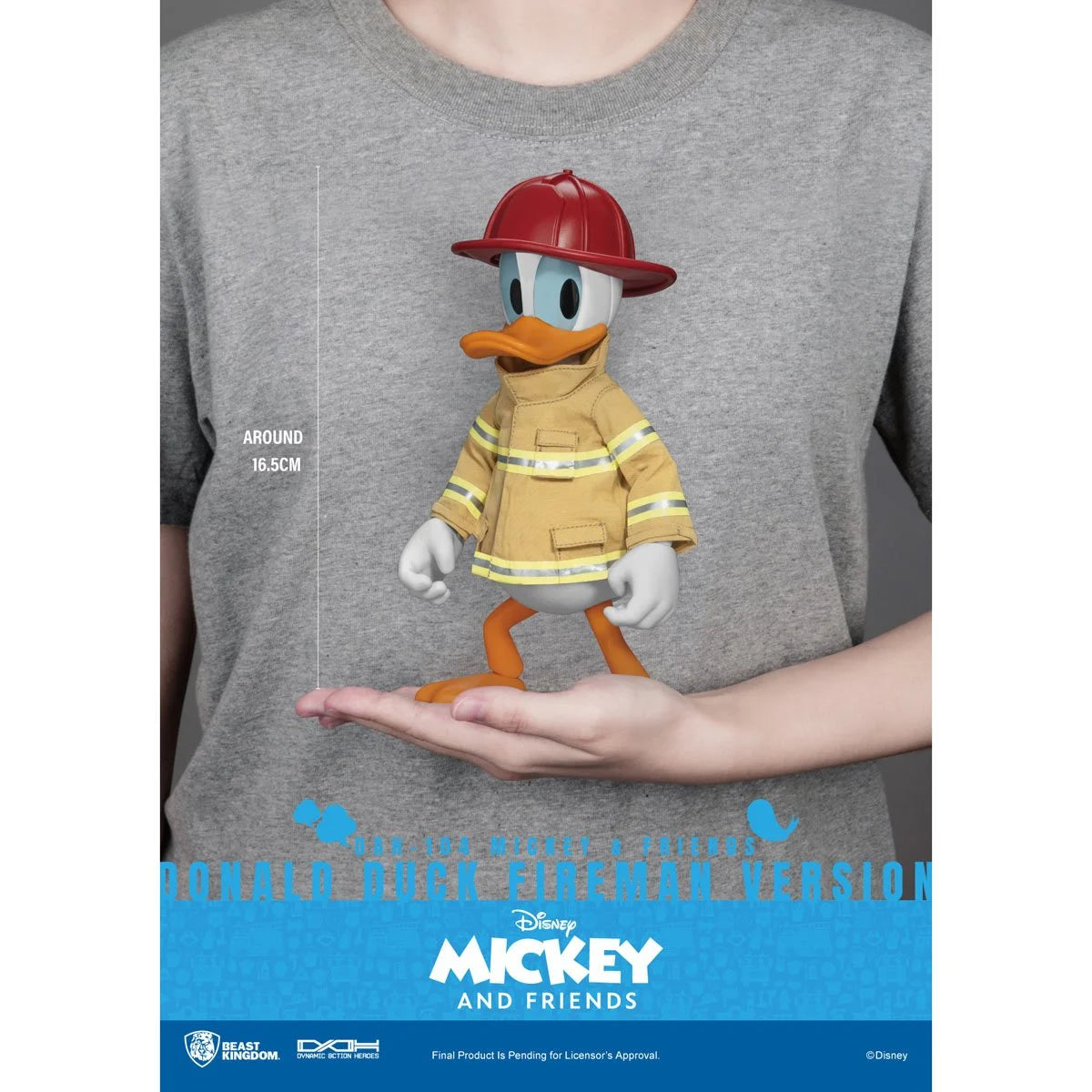 Donald Duck dressed as a firefighter standing on an outstretched hand, with Mickey and Friends branding below