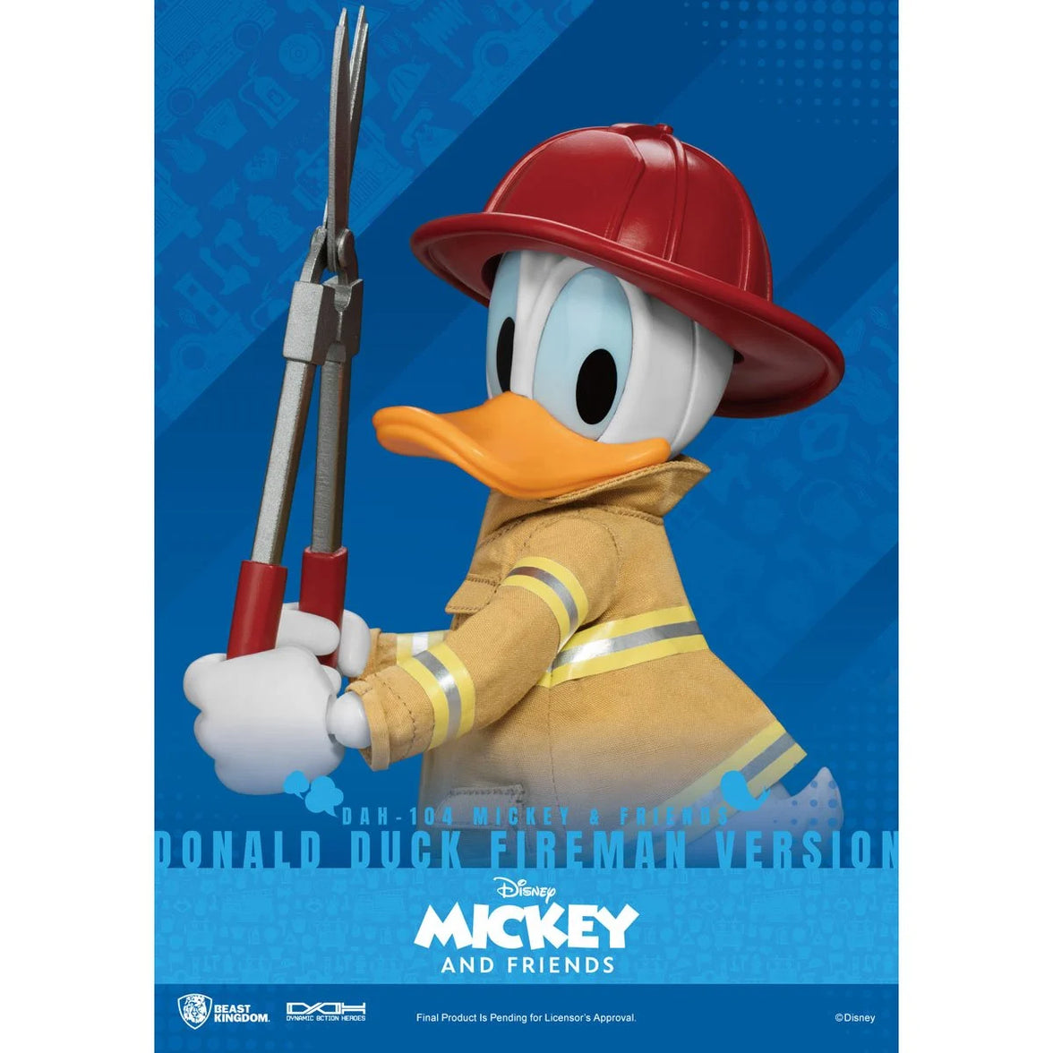Donald Duck dressed as a firefighter holding rescue shears on a blue Mickey and Friends poster