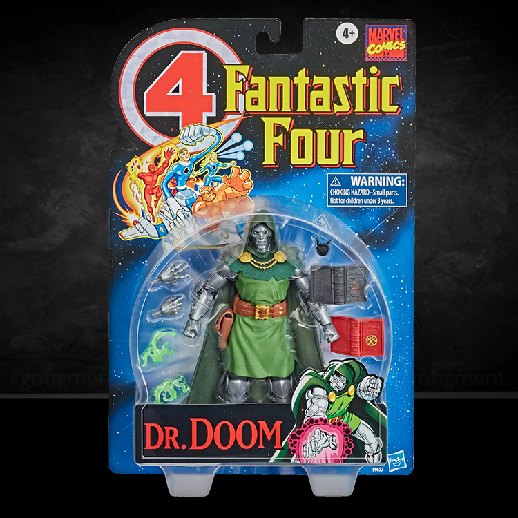 Marvel Legends Dr. Doom 6-inch action figure in vintage Fantastic Four style by Hasbro with accessories and retro packaging