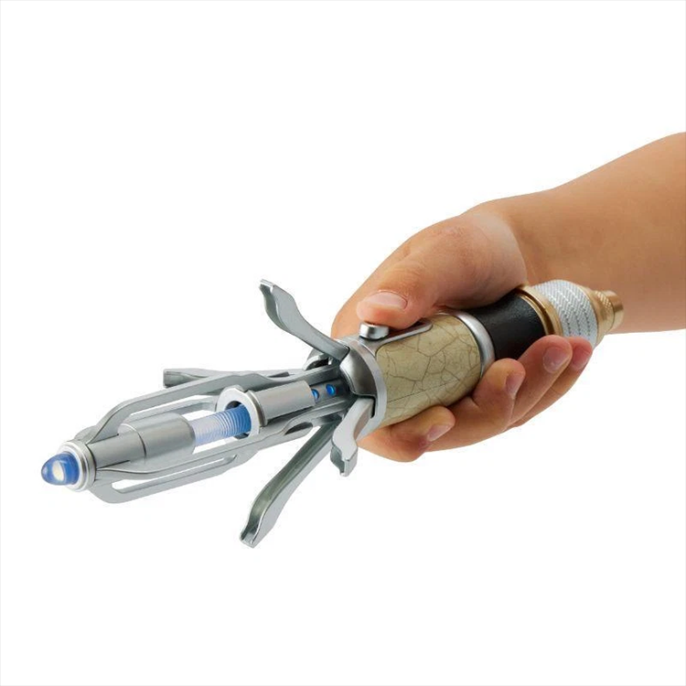 Hand holding Character Online BBC 14th Doctor's Sonic Screwdriver replica cosplay prop toy from Doctor Who series