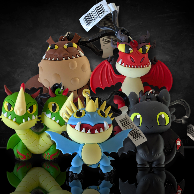 Colorful detailed How to Train Your Dragon character figural bag clips made of hard PVC and foam displayed on black background