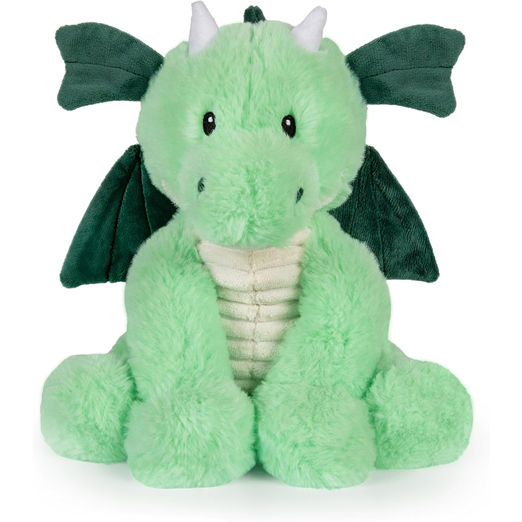 Soft green dragon plush toy with dark wings, white horns, and textured belly, perfect for comfort and warmth.