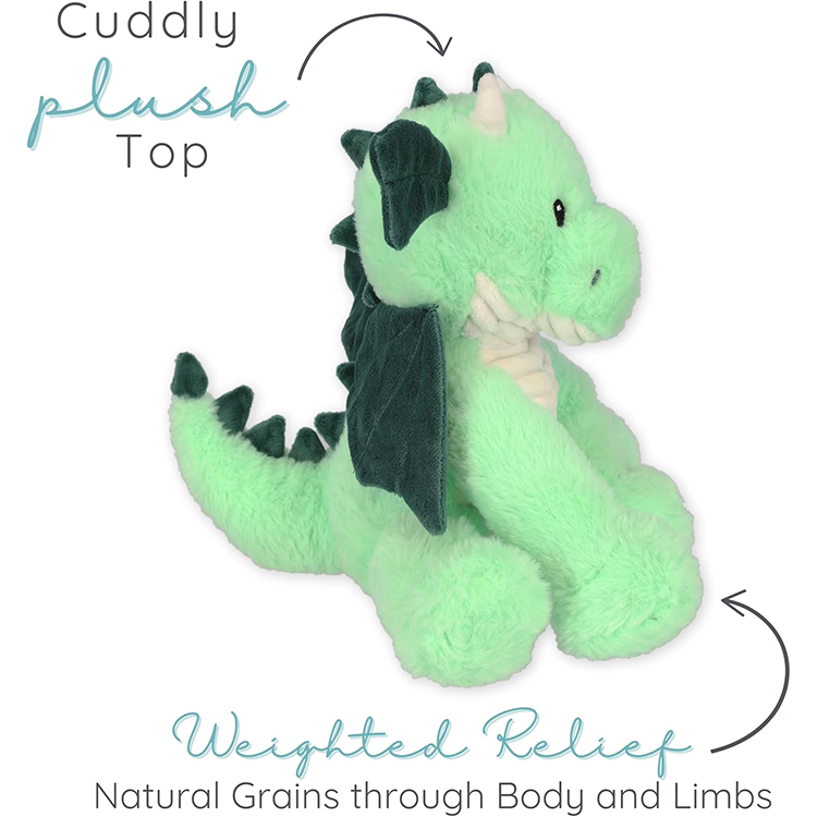 Soft green dragon plush toy with dark wings and horns designed for weighted comfort and stress relief