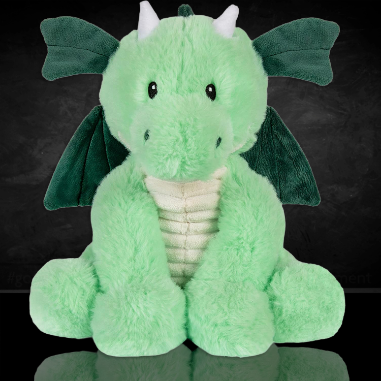 Soft green dragon plush with wings and horns, microwavable for warmth and infused with calming lavender scent.