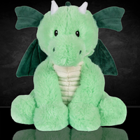 Soft green dragon plush with wings and horns, microwavable for warmth and infused with calming lavender scent.