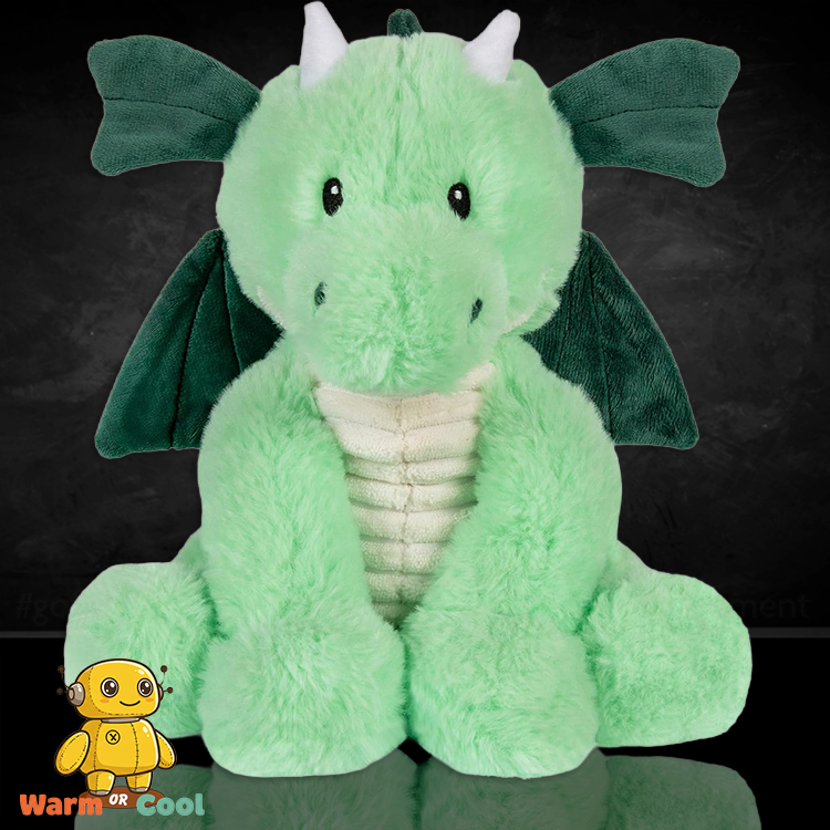 Soft green dragon plush with wings, horns, and lavender scent, designed for warming and cooling comfort therapy.