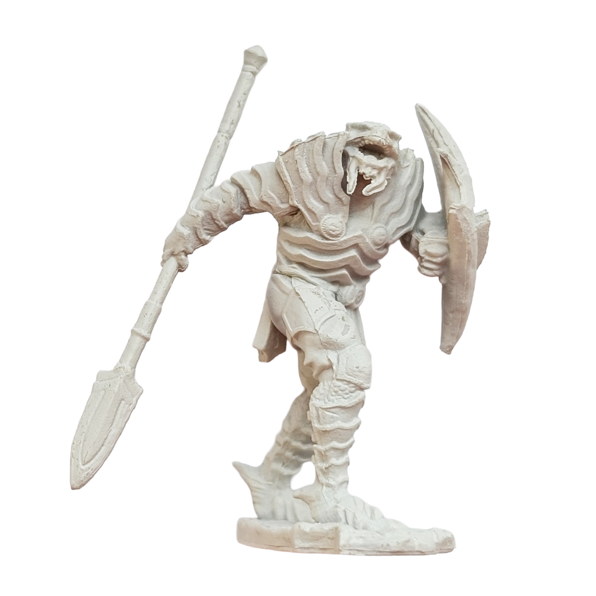 Unpainted fantasy warrior miniature holding a spear and shield on a display base