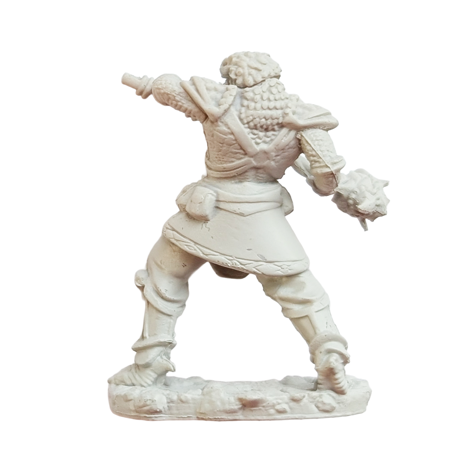 Unpainted fantasy warrior figurine holding a spiked club on a sculpted base