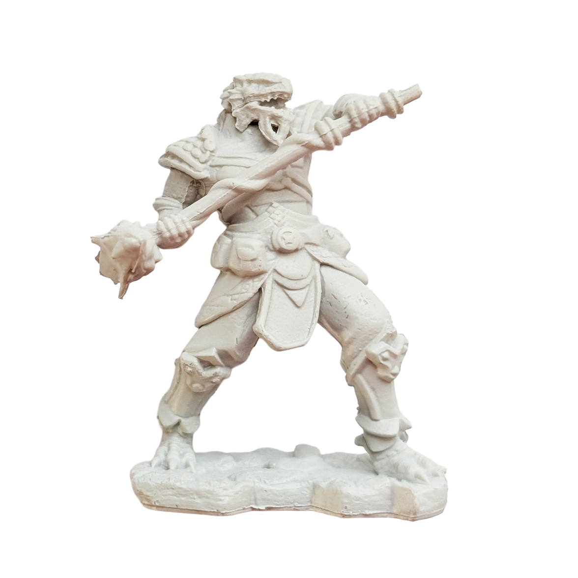 Unpainted fantasy warrior figurine holding a staff with a spiked mace on a rocky base
