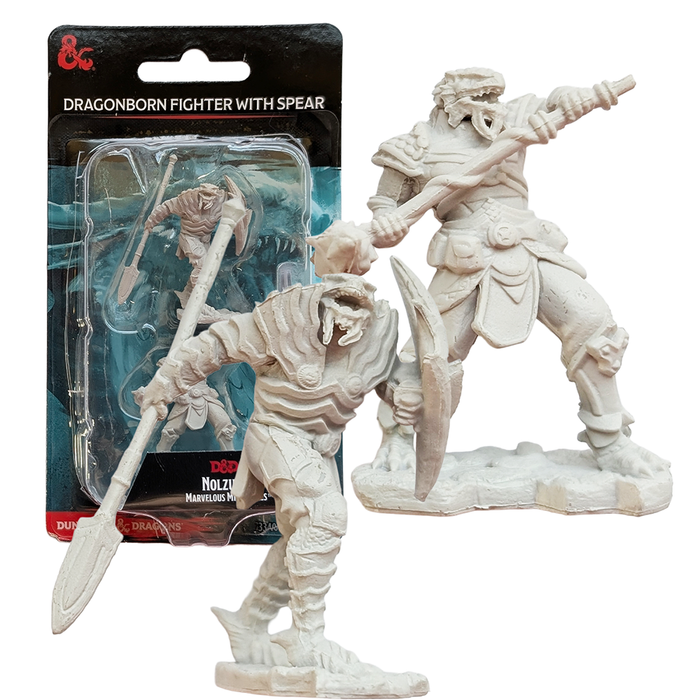 Unpainted Dragonborn fighter figures with spears, one packaged and one standing on a display base