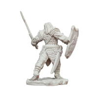 Monochrome fantasy warrior figurine holding a sword and shield on a sculpted base