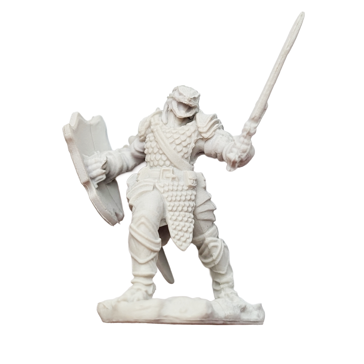 White medieval knight figurine holding a sword and shield on a display base