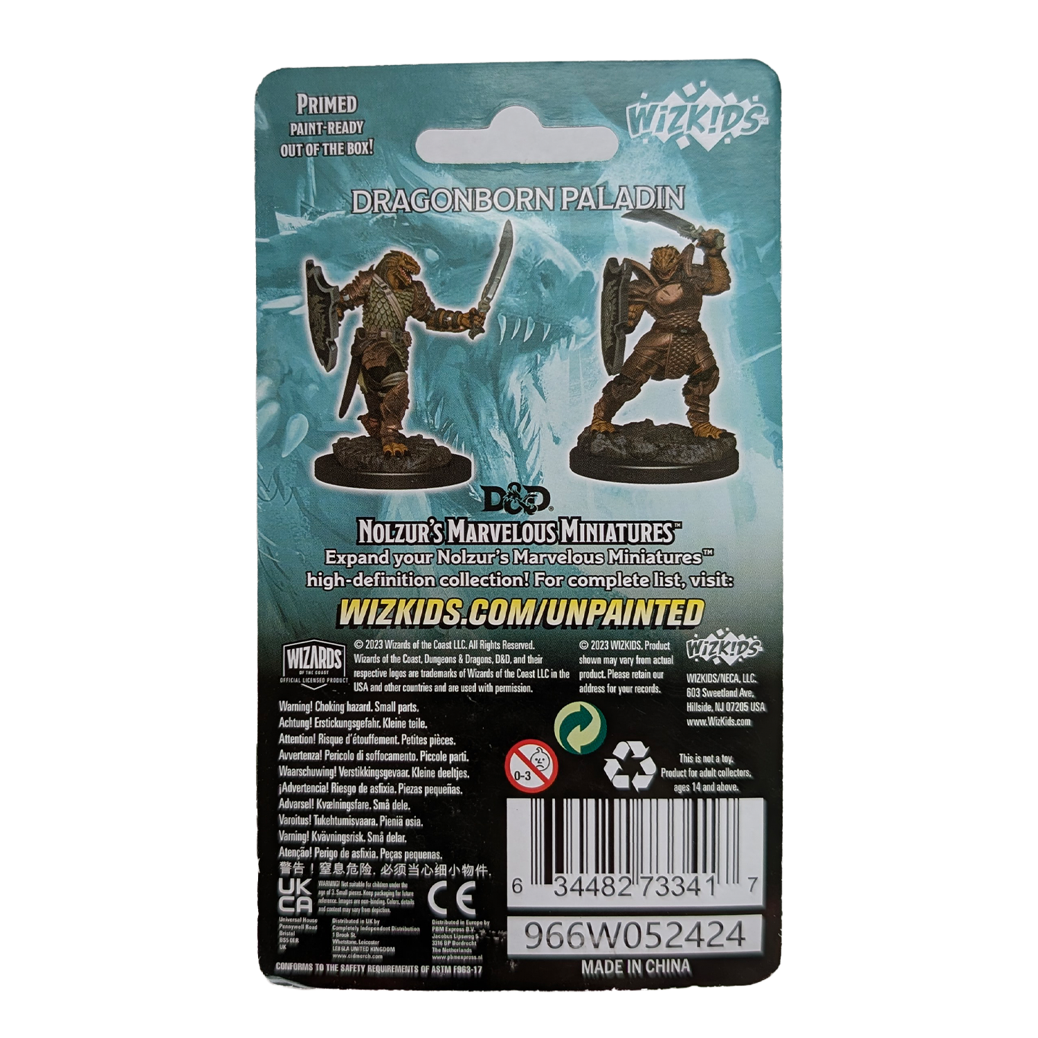 Back of a WizKids Dungeons and Dragons Dragonborn Paladin miniature package with painted figures and barcode