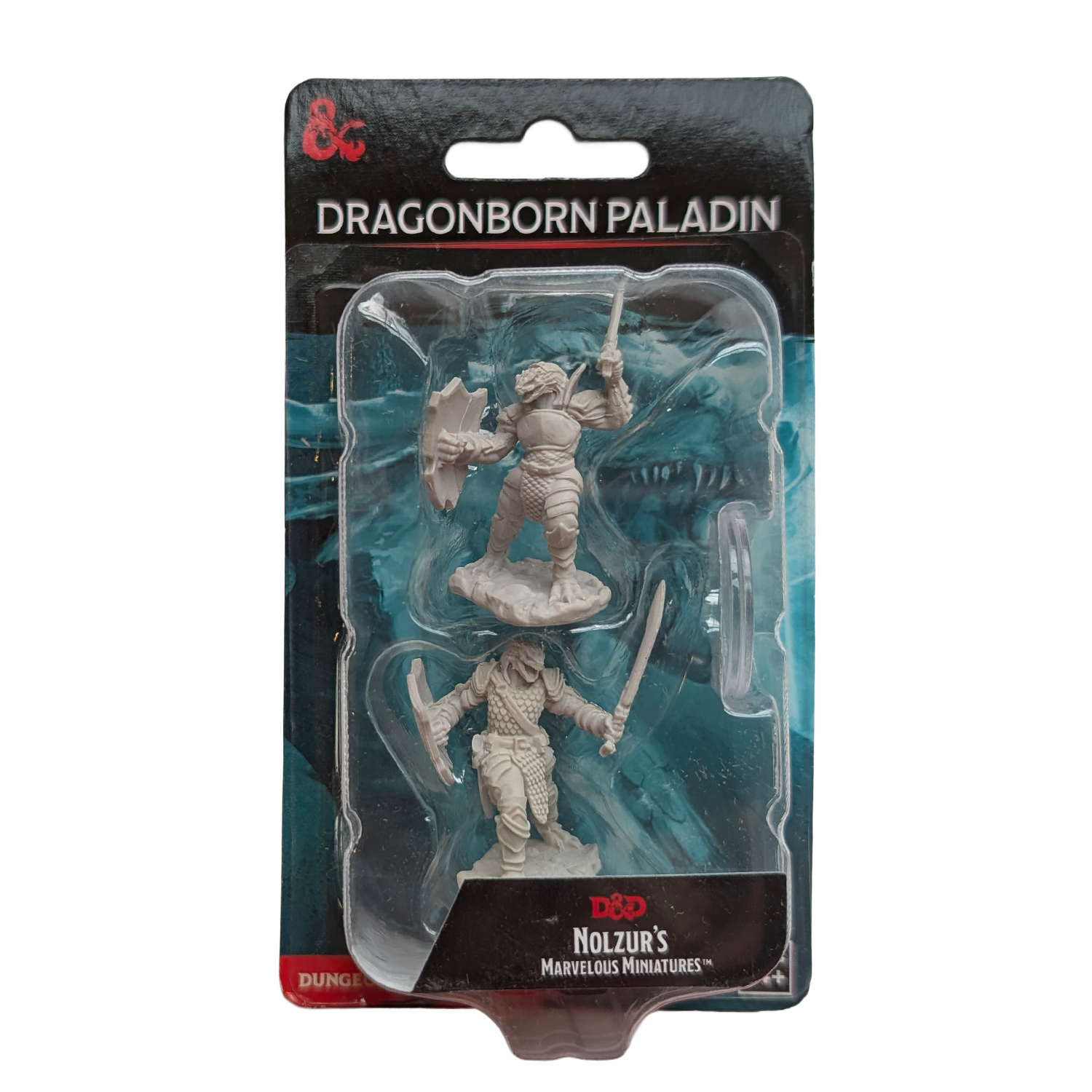 Packaged fantasy miniatures showing two armored warriors with shields, swords, and spears