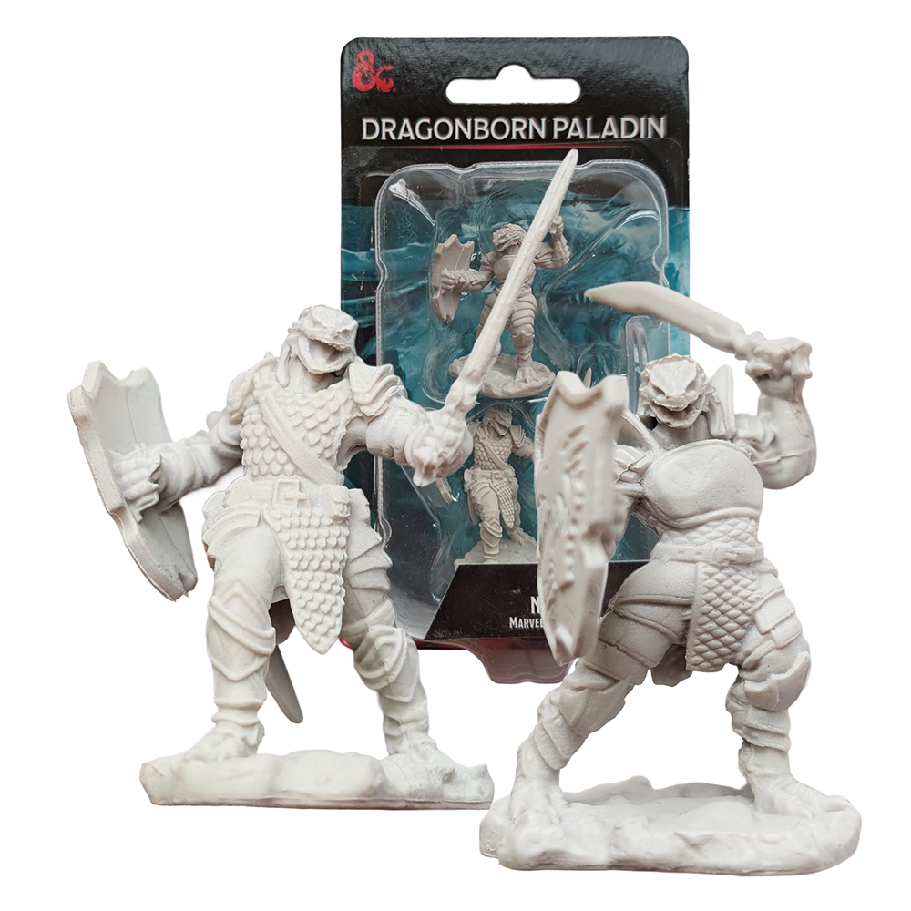 Three unpainted Dragonborn Paladin fantasy figurines with swords and shields one displayed in blister packaging