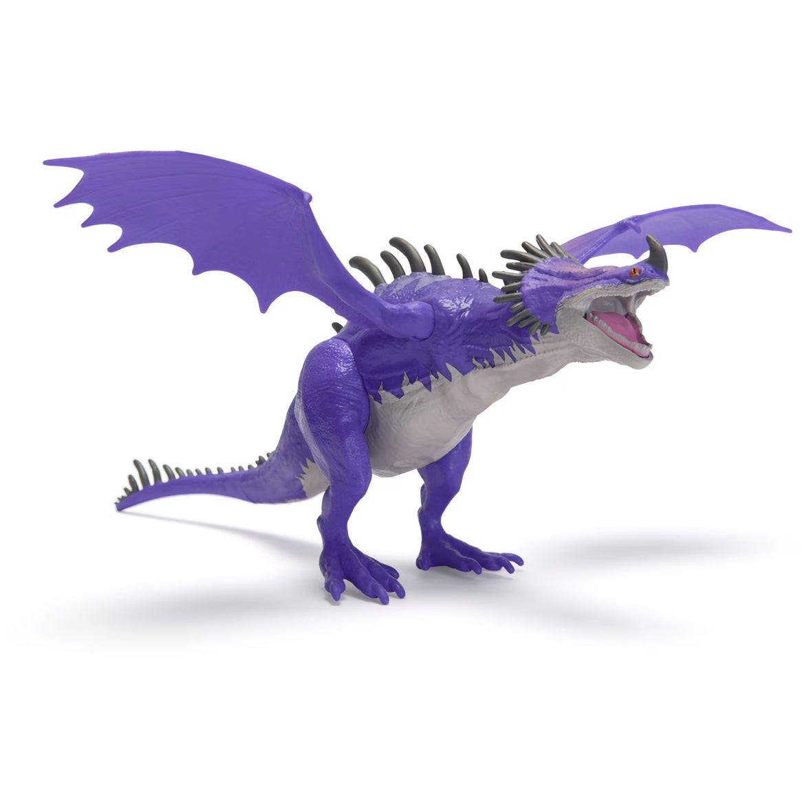 Purple Skrill dragon action figure with articulated wings and bobblehead by Spin Master on white background