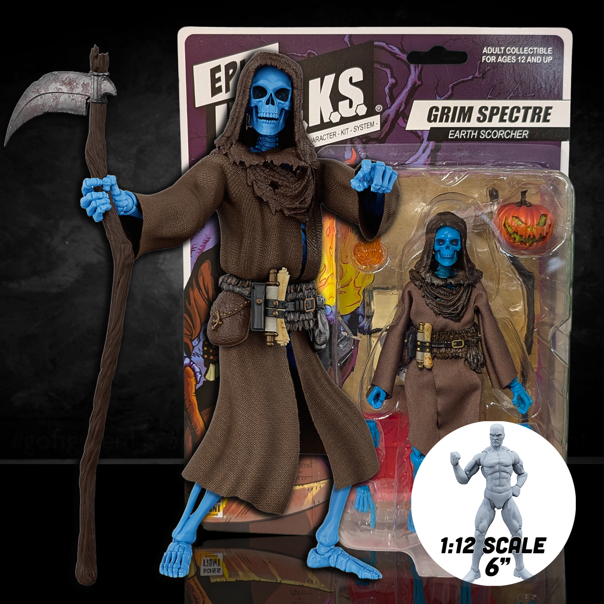Grim Spectre: Earth Scorcher (Epic H.A.C.K.S.) 6" Action Figure – Oversized 1:12 Scale Undead Wraith by Boss Fight Studio Llc new in packaging with scythe and pumpkin accessory