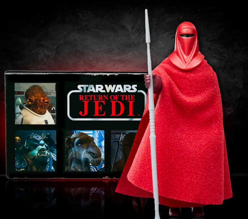Kenner Star Wars Return of the Jedi Emperor’s Royal Guard action figure with red cloak and staff, retro collection packaging.