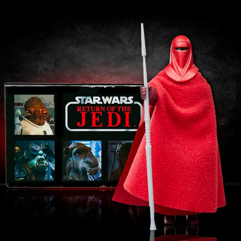Kenner Star Wars Return of the Jedi Emperor’s Royal Guard action figure with red cloak and staff, retro collection packaging.