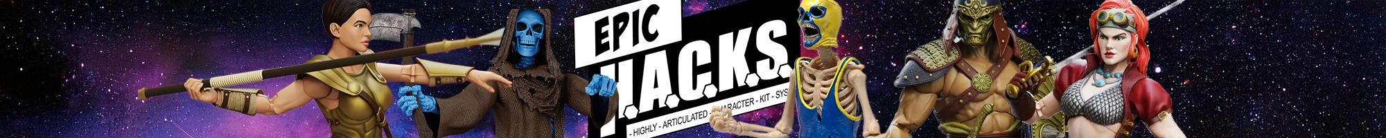 Group of fantasy and sci-fi characters in battle poses with bold Epic Hacks logo on cosmic starry background
