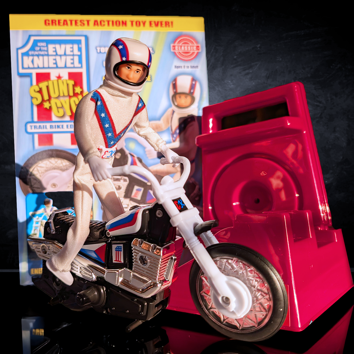 The Original 1970's Evel Knievel Stunt Cycle Upgraded And Advanced NEW toy by Go Figment with original packaging and launch ramp