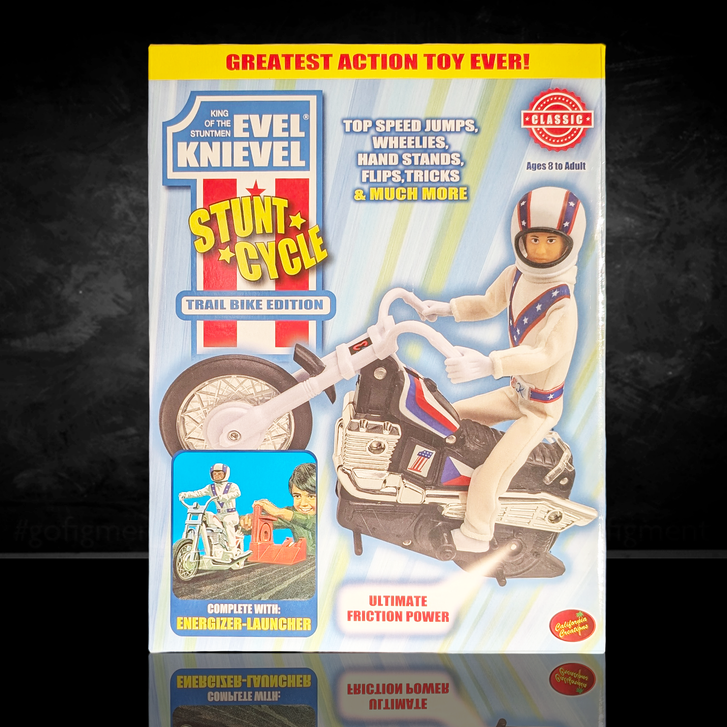The Original 1970's Evel Knievel Stunt Cycle Upgraded And Advanced NEW by Go Figment with stunt action toy packaging visible