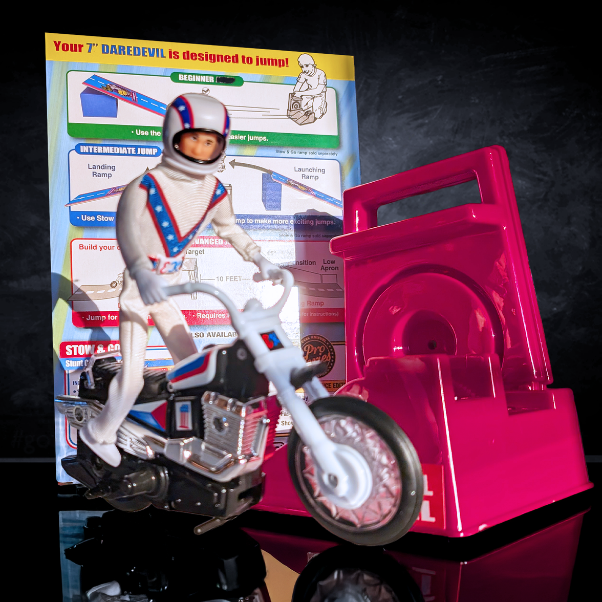 The Original 1970's Evel Knievel Stunt Cycle Upgraded And Advanced NEW by Go Figment with figure and ramp