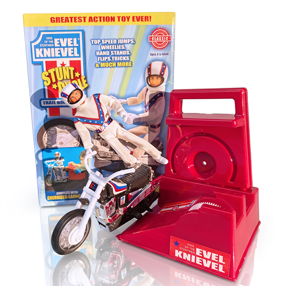 The Original 1970's Evel Knievel Stunt Cycle Upgraded And Advanced NEW collectible toy by Go Figment with ramps and action figure