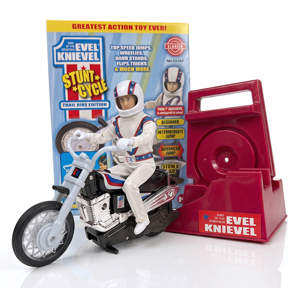 The Original 1970's Evel Knievel Stunt Cycle Upgraded And Advanced NEW collectible by Go Figment with stunt ramp and figure