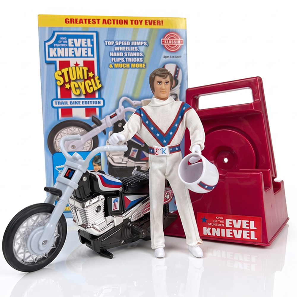 The Original 1970's Evel Knievel Stunt Cycle Upgraded And Advanced NEW collectible with figure and red launcher by Go Figment