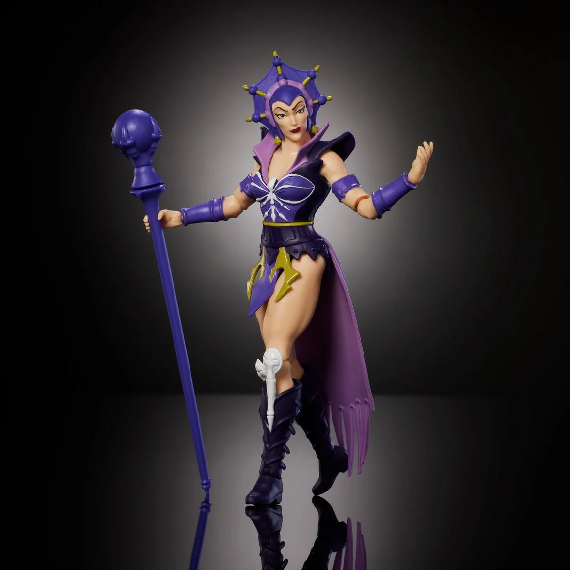 Mattel Masters of the Universe Origins Evil-Lyn 5.5-inch posable action figure with purple costume and staff on black background