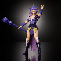 Mattel Masters of the Universe Origins 5.5-inch Evil-Lyn figure posed with purple costume and staff on black background