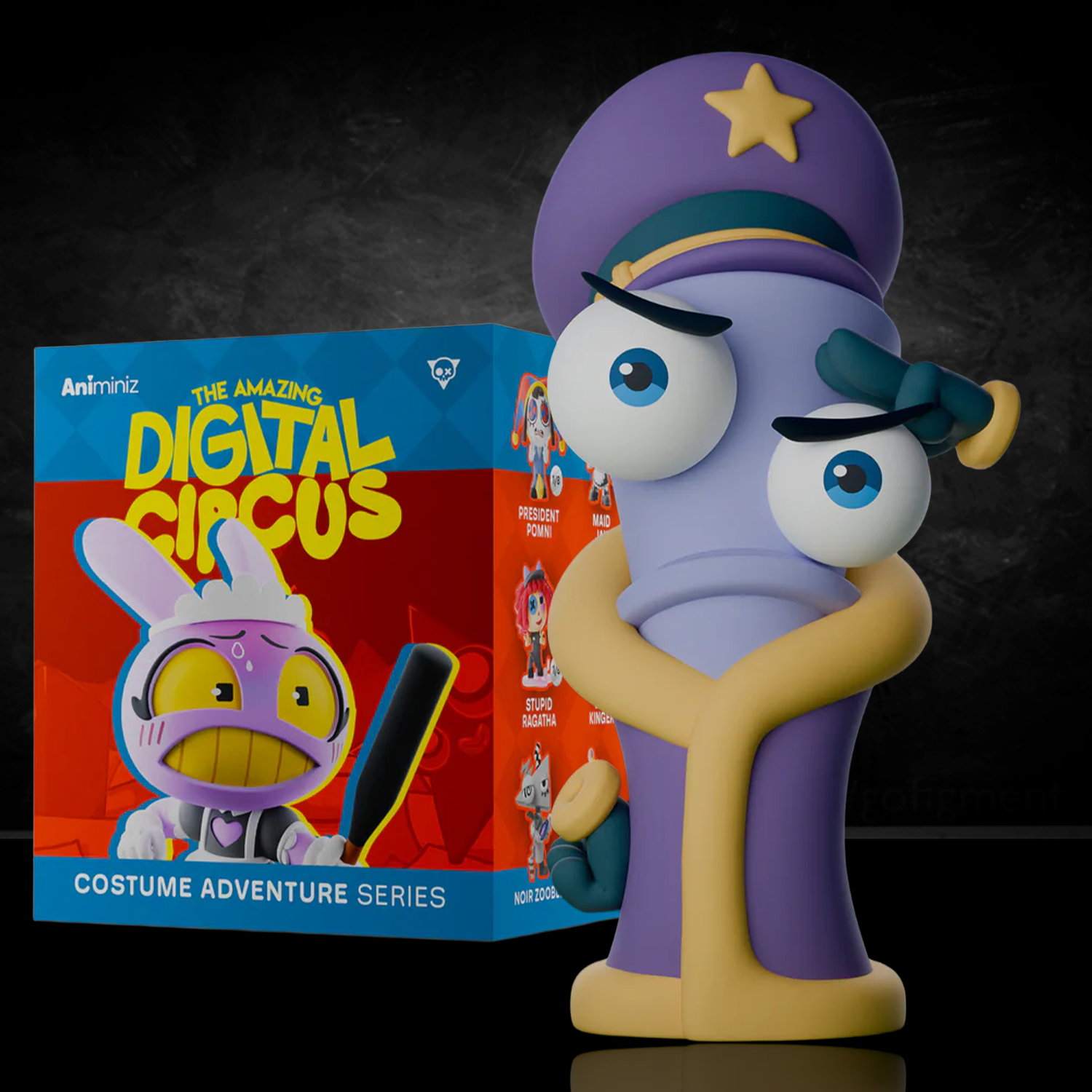 Glitch Animiniz figure from The Amazing Digital Circus dressed as a whimsical police officer with oversized eyes and star hat