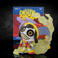 Glitch Animiniz figure from Digital Circus wearing a colorful jester hat with large eyes and sharp-toothed grin surrounded by yellow smoke