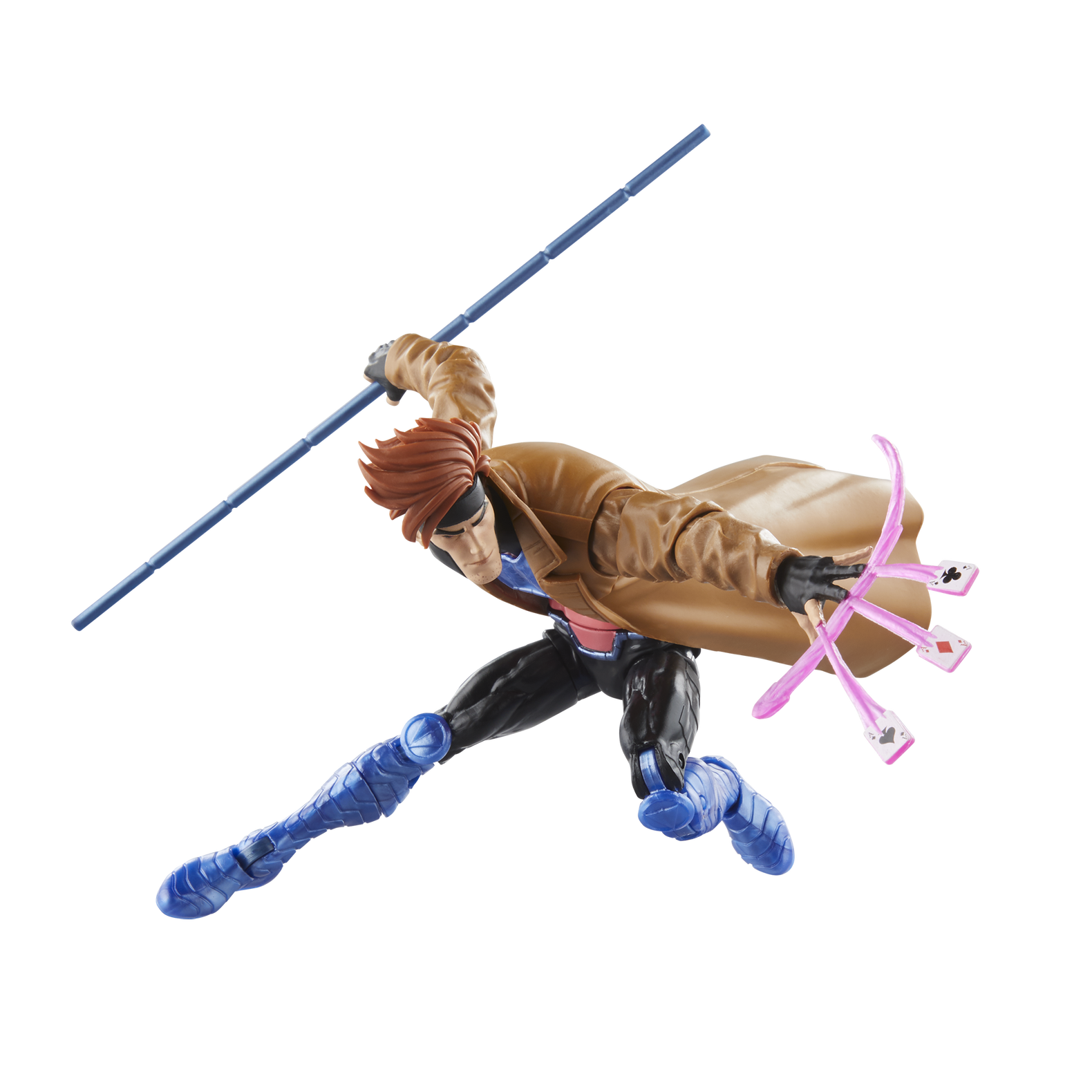 Hasbro Marvel Legends Gambit action figure in dynamic pose with bo staff and energy-charged cards accessory.