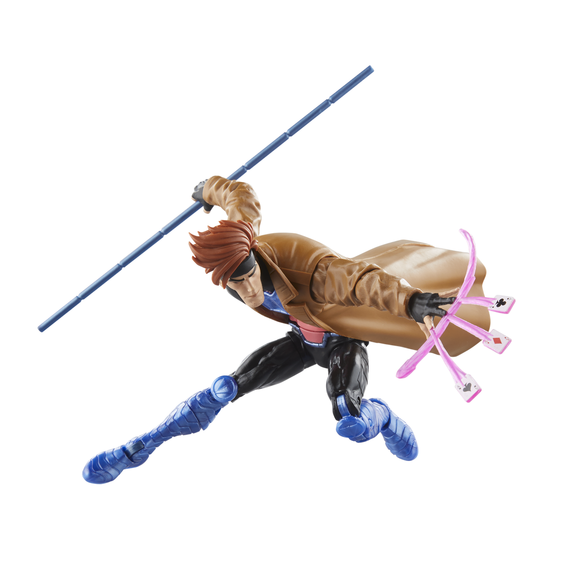 Hasbro Marvel Legends Gambit action figure in dynamic pose with bo staff and energy-charged cards accessory.